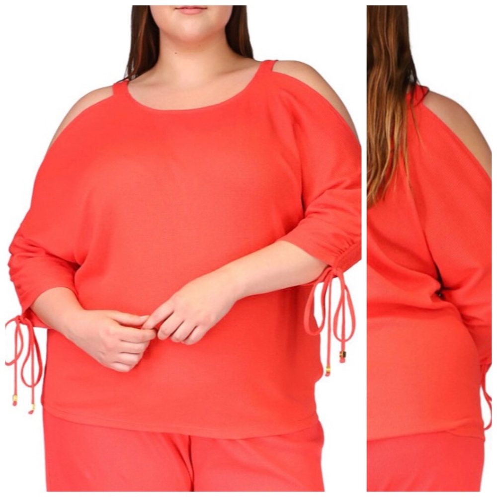 Michael Kors Coral Waffle Knit Cold Shoulder Top Plus Size 2X